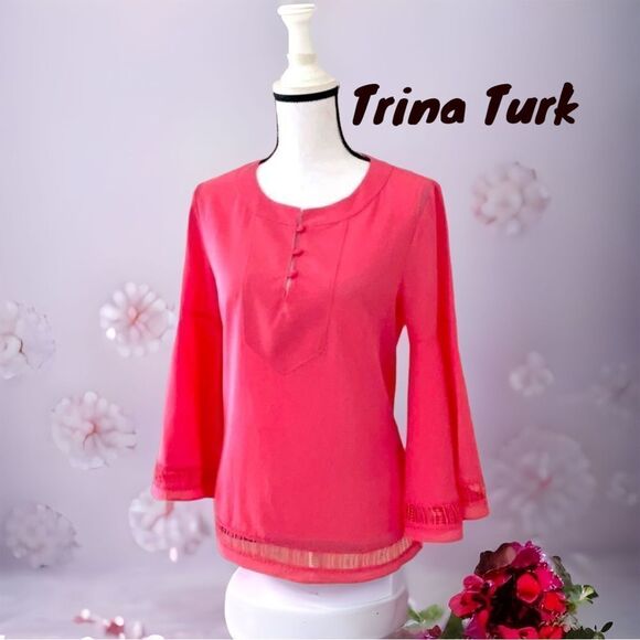 TRINA TURK NWT GOSSIP BELL SLEEVE TOP BLOUSE CORAL XS RELAXED FIT - Picture 1 of 11